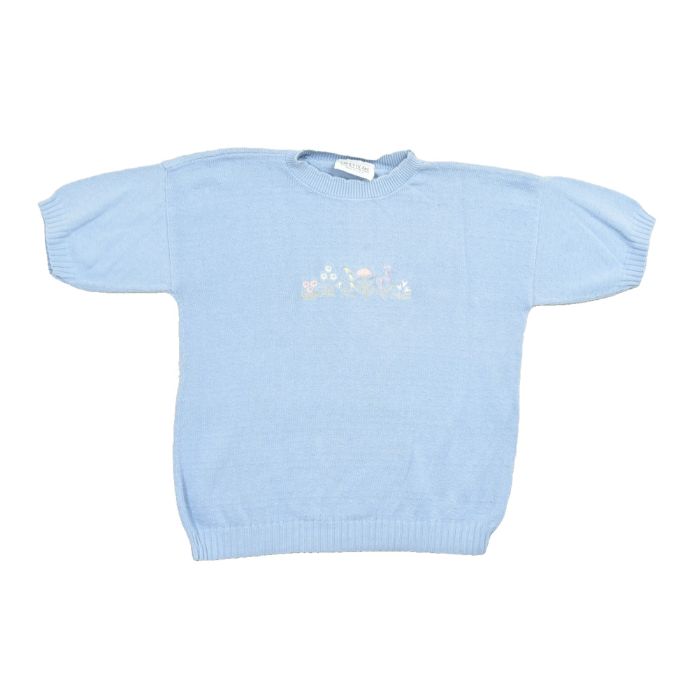 Carly Blake Vintage Women's Large Blue Cotton Short Sleeve Knit Sweater Floral